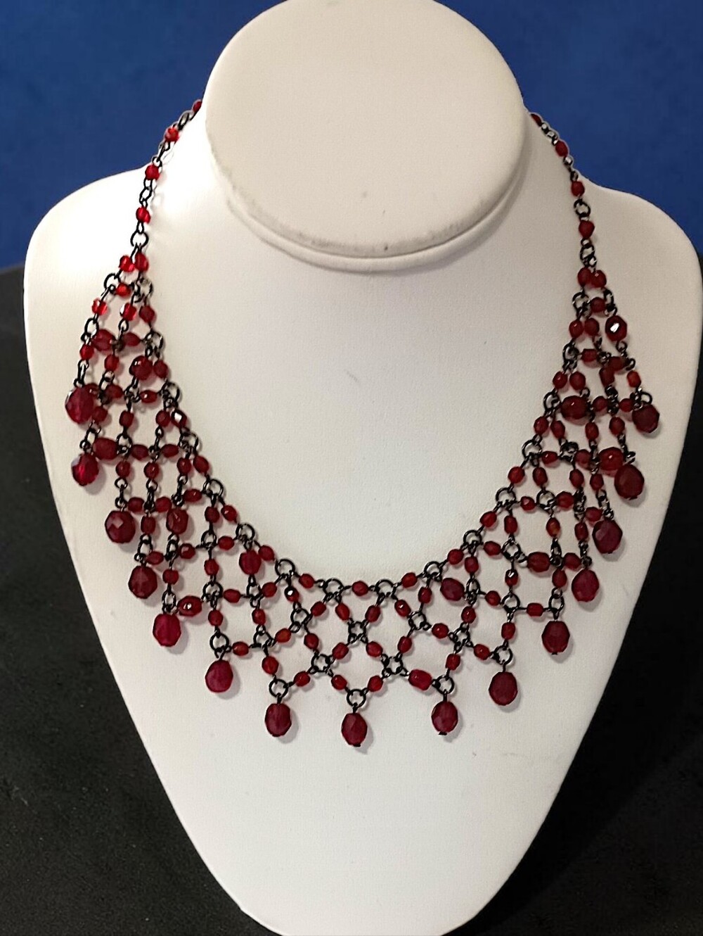 Victorian Revival Style Necklace Festoon Bib Collar Glass Faceted Beads Gunmetal